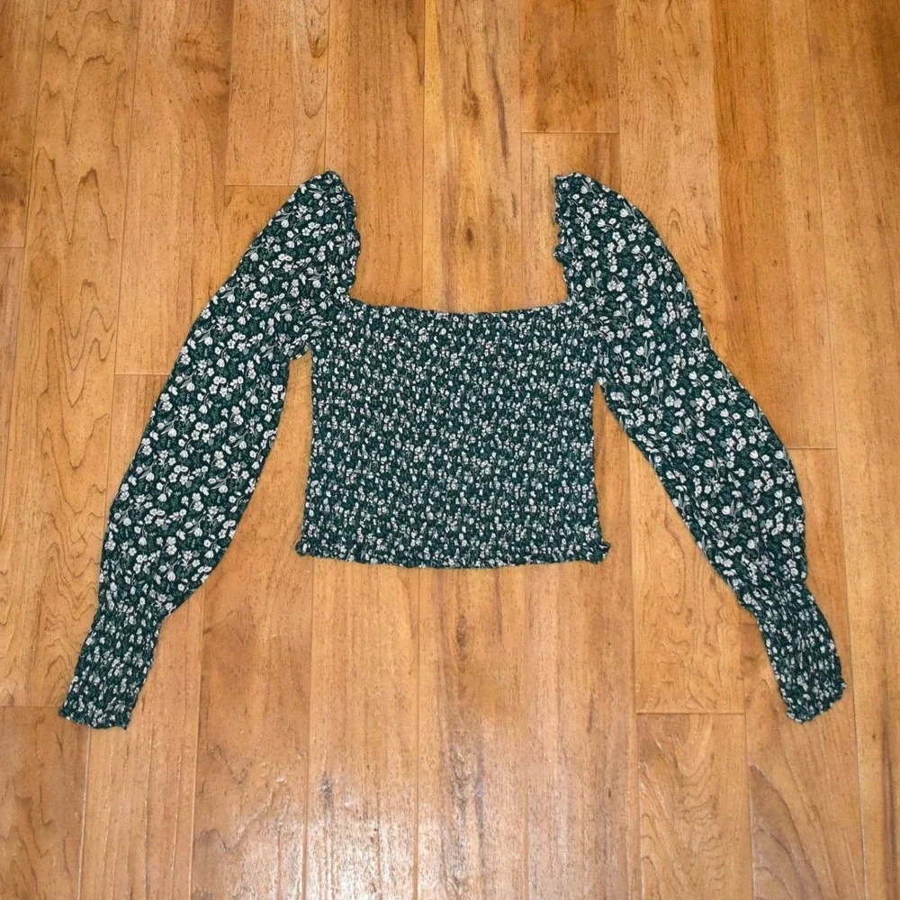 Reformation Smocked Floral Top Womens XS Green Excellent Puff Sleeve Square Neck
